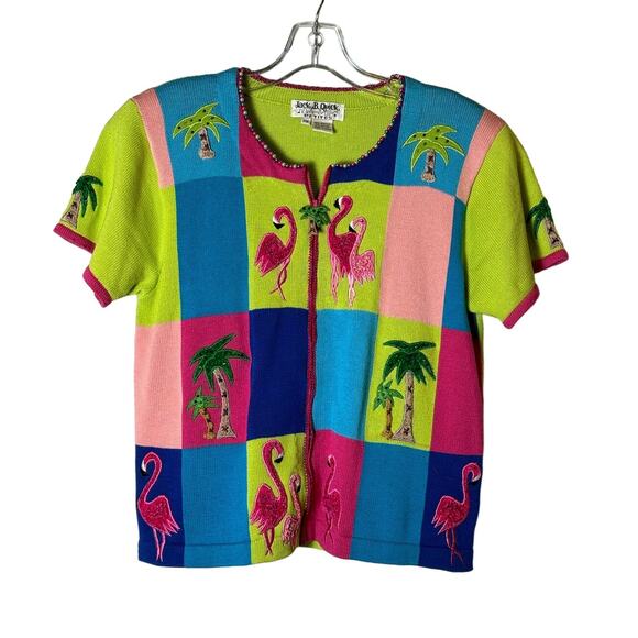 Vintage Jack B Quick Cardigan Sweater Flamingos & Palm Trees Short Sleeve ZipUp‎ - Picture 1 of 16